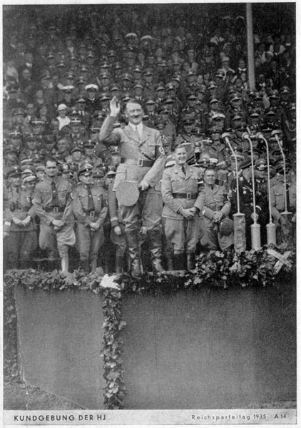 Adolf Hitler salutes the crowd of HJ before his speech at the Reichsparteitag